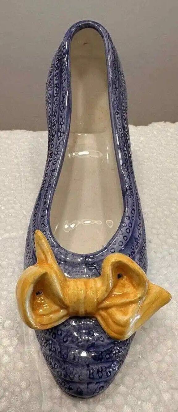 Seymour Mann Hand Painted Blue Italian Porcelain Shoe Yellow Bow 6.25 inches